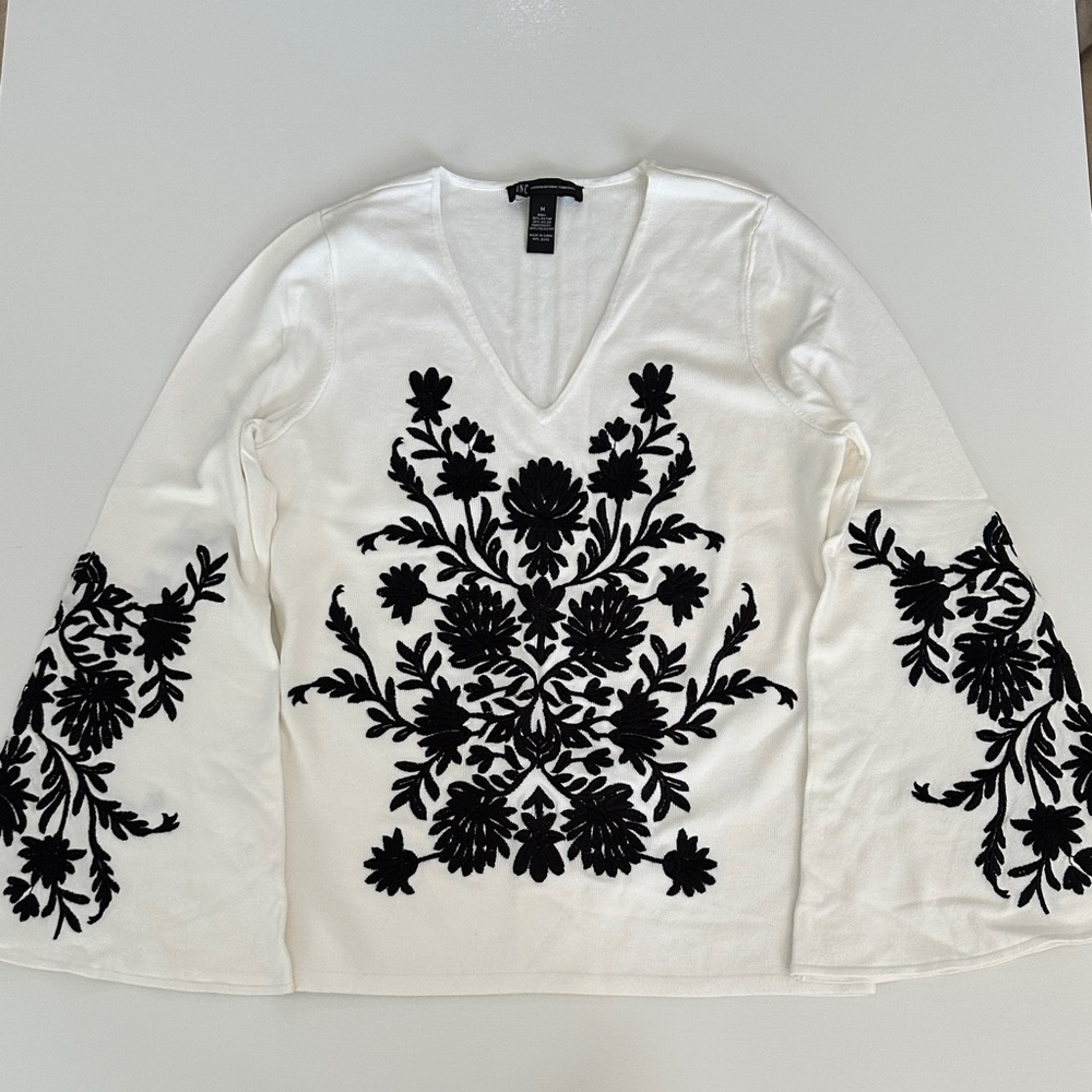 INC International Concepts White Top with Black Floral Design